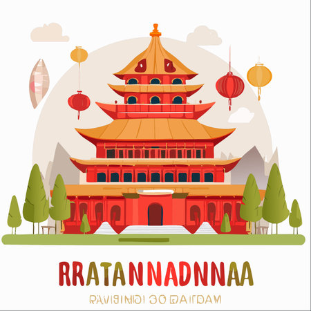 A majestic red and orange pagoda stands tall against a backdrop of serene mountains.のイラスト素材