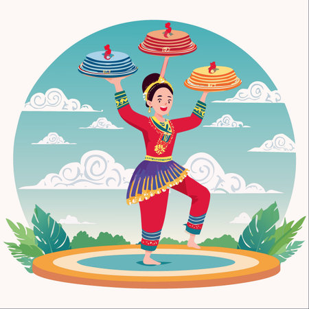 A graceful woman in vibrant traditional Minangkabau attire performs the Tari Piring, or Plate Dance.のイラスト素材