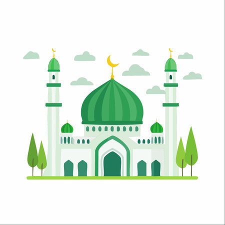 A beautiful illustration of a mosque with a prominent green dome, set against a clear sky with soft clouds.のイラスト素材