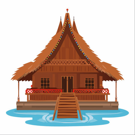 An elegant illustration of a traditional Minangkabau house, or Rumah Gadang, standing gracefully on stilts above calm blue waters.のイラスト素材