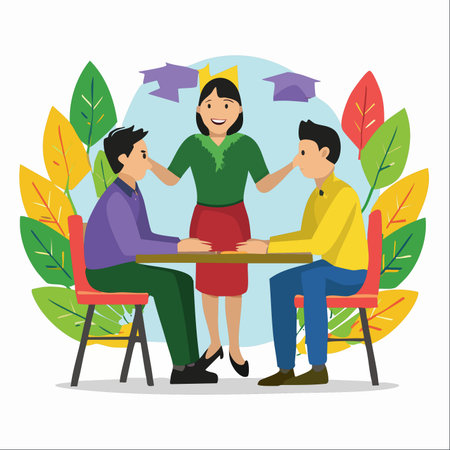 A proud female teacher or mentor stands with two male students at a table, celebrating their graduation.のイラスト素材