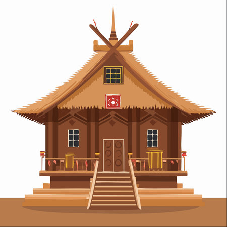 A detailed vector illustration of a traditional Indonesian tribal house, isolated on a white background.のイラスト素材