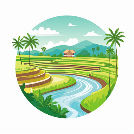 A serene and picturesque vector illustration capturing the idyllic beauty of Asian rice terraces.のイラスト素材