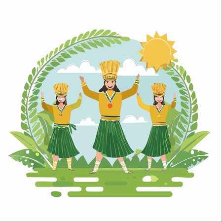 Three joyful women in vibrant traditional costumes perform a cultural dance under a bright sun.のイラスト素材