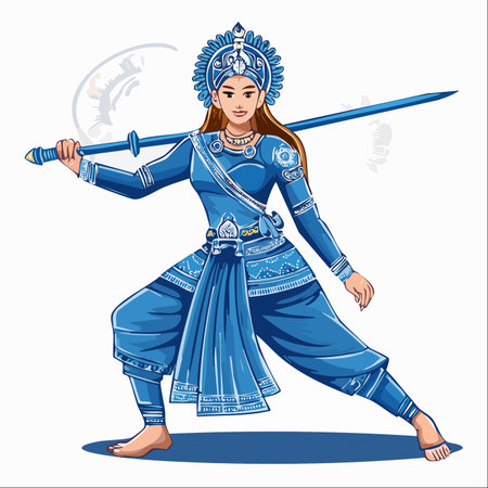 A powerful female warrior in ornate blue traditional Indian attire stands in a dynamic martial arts pose.のイラスト素材