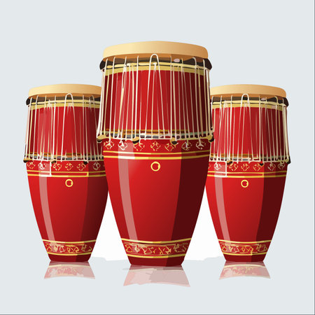 A vibrant vector illustration of three traditional red ethnic drums, gleaming with a glossy finish.のイラスト素材