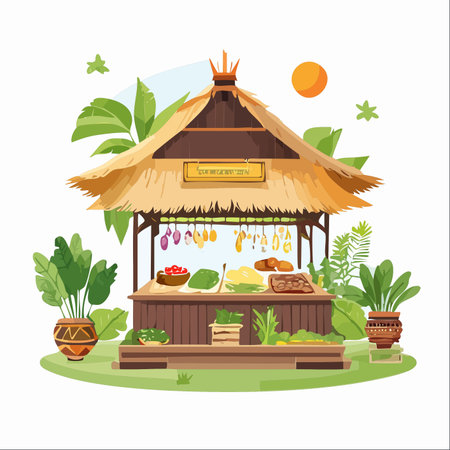 A charming vector illustration of a local market stall nestled in a lush tropical environment.のイラスト素材