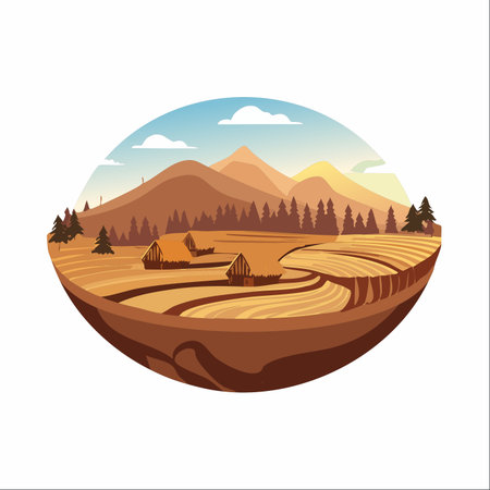 A tranquil rural village rests among rolling hills and terraced fields.のイラスト素材