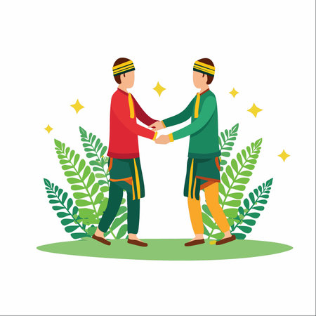 Two men in traditional Malay attire exchange a warm handshake, a gesture of forgiveness during the Hari Raya Aidilfitri celebration.のイラスト素材