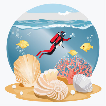 A scuba diver explores a vibrant and surreal underwater world, swimming past colorful fish and coral towards giant, magical seashells resting on the sandy ocean floor.のイラスト素材