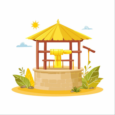A charming cartoon illustration of a traditional stone water well, basking in the warm glow of a sunny day.のイラスト素材