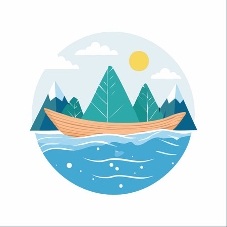 A wooden boat rests peacefully on the calm, blue waters of a mountain lake.のイラスト素材