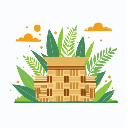 A flat vector illustration of a handcrafted woven basket, a symbol of traditional craftsmanship, nestled among vibrant green tropical leaves.のイラスト素材