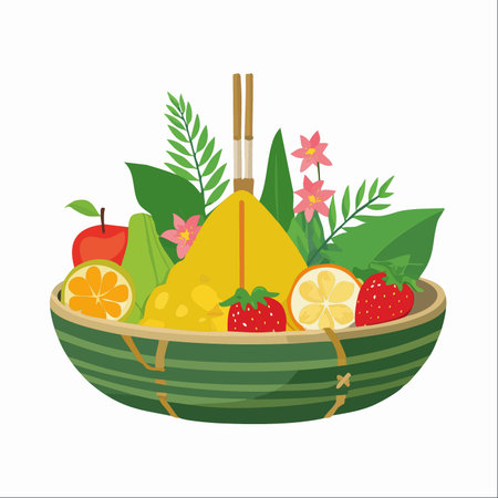 A beautifully arranged festive basket overflows with fresh fruits, vibrant flowers, and a traditional zongzi, symbolizing abundance and celebration.のイラスト素材