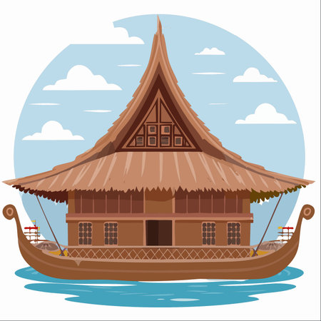 A beautifully detailed vector illustration of a traditional Indonesian Rumah Gadang, the iconic house of the Minangkabau people, uniquely situated on a large boat.のイラスト素材