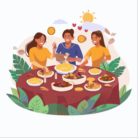 Three happy friends gather around a vibrant, food-laden table for a joyful outdoor feast.のイラスト素材