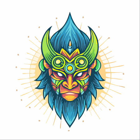 A powerful illustration of an ancient guardian deity, its face a vibrant tapestry of color and sacred symbols.のイラスト素材