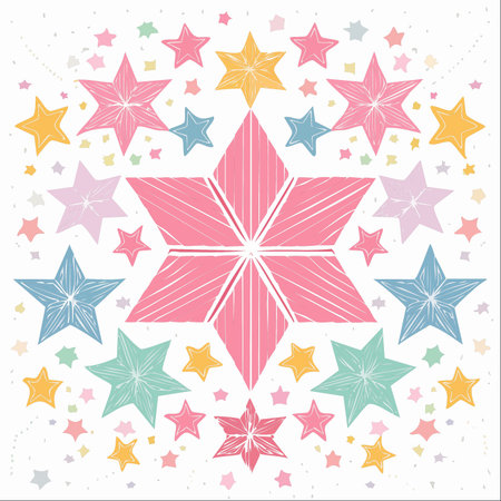 A joyful explosion of hand-sketched stars in soft pastel colors bursts across a clean white background.のイラスト素材