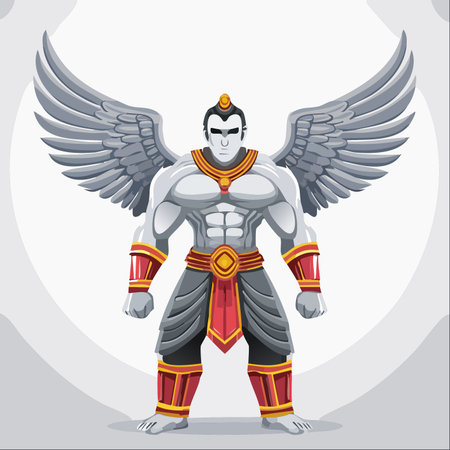 A formidable, god-like warrior stands ready for battle, his powerful stone physique and majestic wings symbolizing divine strength and unwavering protection.のイラスト素材