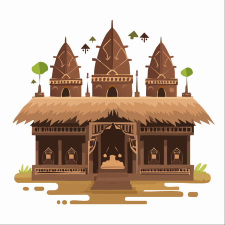 An elegant illustration of a traditional Asian temple, featuring a distinctive thatched roof and ornate towers.のイラスト素材