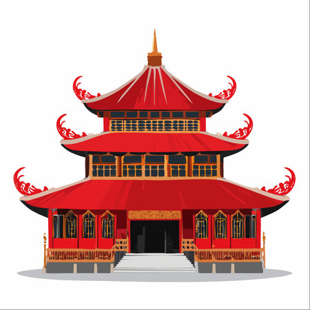 A striking vector illustration of a traditional red Asian pagoda, standing proudly against a clean white background.のイラスト素材