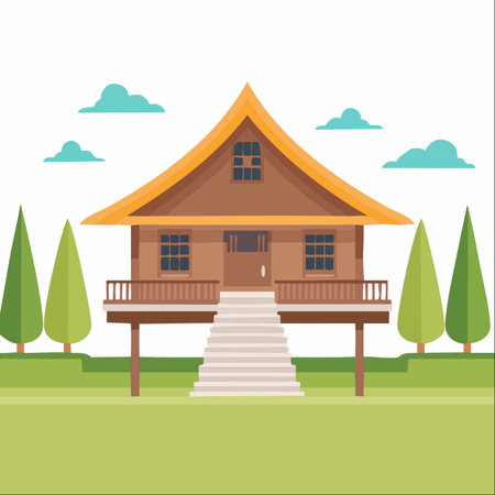A charming traditional wooden house stands elevated on stilts amidst a serene natural landscape.のイラスト素材
