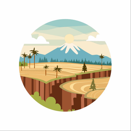 The sun rises over a majestic, snow-capped volcano, casting a warm glow on the terraced farmlands below.のイラスト素材