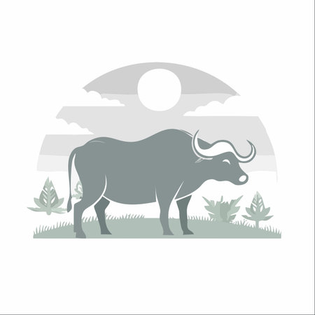 A serene illustration of a powerful water buffalo standing peacefully in a field.のイラスト素材
