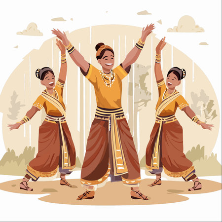 A vibrant illustration captures the joyful energy of a traditional Indian folk dance. Three dancers, adorned in beautiful ethnic costumes, raise their arms in unison, celebrating a community festival.のイラスト素材