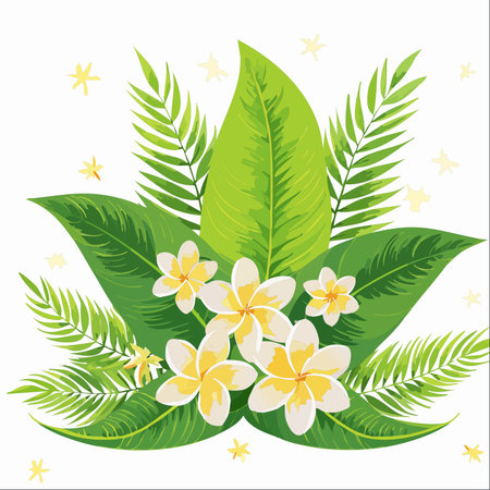Escape to a tropical paradise with this stunning illustration of plumeria blossoms nestled among vibrant green palm and banana leaves.のイラスト素材