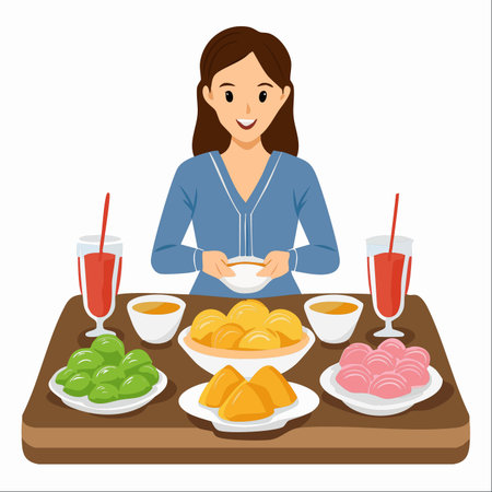A smiling young woman sits down to a delightful and colorful spread of traditional Asian sweets and desserts.のイラスト素材