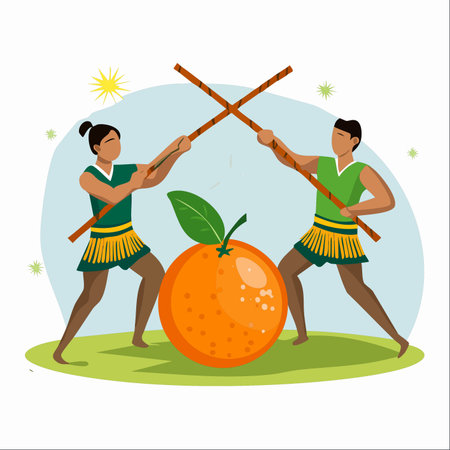 A whimsical vector illustration depicting a man and a woman engaged in a dynamic stick fighting duel.のイラスト素材