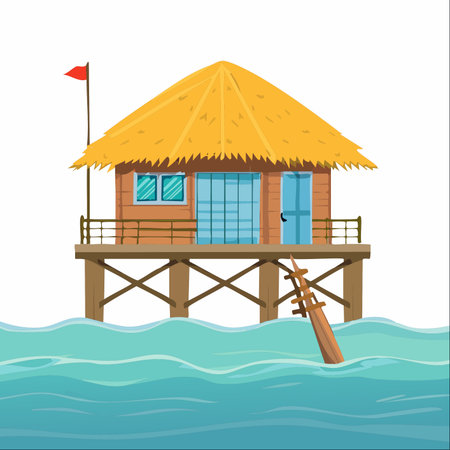 Escape to a serene paradise with this charming illustration of an overwater bungalow.のイラスト素材
