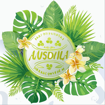 A vibrant vector illustration featuring a circular emblem perfect for custom text or logos, framed by a lush arrangement of tropical monstera leaves, palm fronds, and beautiful plumeria flowers.のイラスト素材