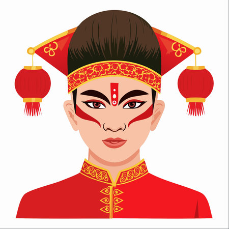 A striking portrait of a young performer ready for a traditional Chinese festival.のイラスト素材
