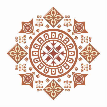 An intricate, symmetrical mandala inspired by ancient tribal art. This design, rendered in warm terracotta and beige tones, evokes a sense of harmony, tradition, and spiritual balance.のイラスト素材