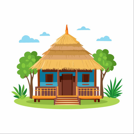 A charming traditional stilt house with a thatched roof sits peacefully in a lush green landscape.のイラスト素材