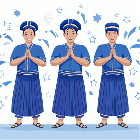 Three smiling men in vibrant blue traditional attire extend a warm welcome with a respectful greeting gesture.のイラスト素材