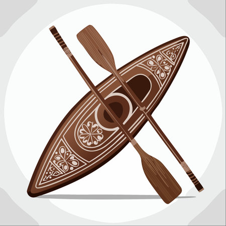 A beautifully crafted wooden kayak, adorned with traditional folk art patterns, rests with its paddles crossed, ready for a new adventure on the water.のイラスト素材
