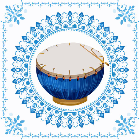 A vibrant blue traditional drum, possibly a kettledrum or nagara, sits at the heart of an intricate blue and white mandala.のイラスト素材