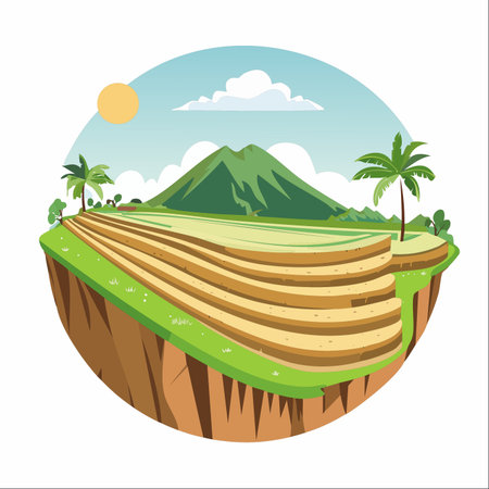 A serene and idyllic landscape featuring lush green rice terraces carved into a floating island.のイラスト素材