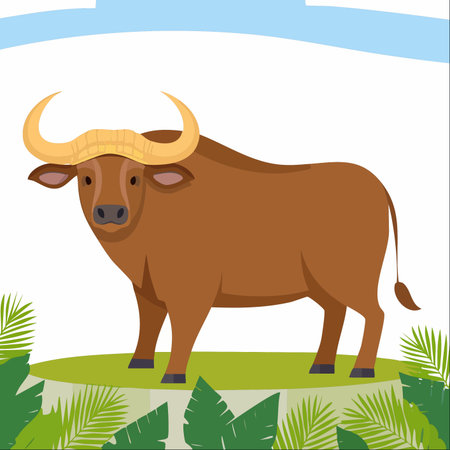 A powerful brown buffalo stands proudly on a grassy patch, surrounded by lush tropical leaves.のイラスト素材