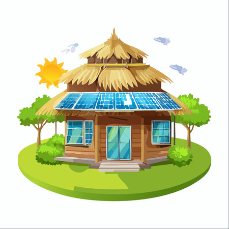 An illustration of a charming tropical hut seamlessly blending traditional architecture with modern sustainability.のイラスト素材