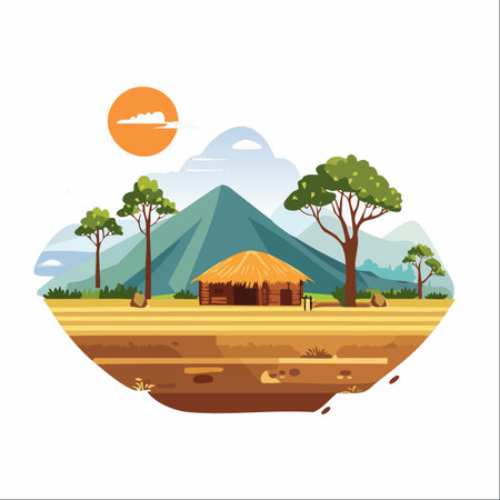 A solitary thatched-roof hut rests peacefully in a serene mountain landscape.のイラスト素材