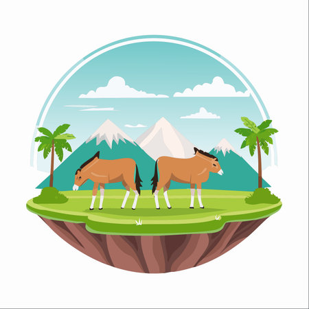 Two wild horses graze peacefully on a lush green pasture. This idyllic meadow is a surreal floating island, drifting through a sky framed by majestic, snow-capped mountains.のイラスト素材