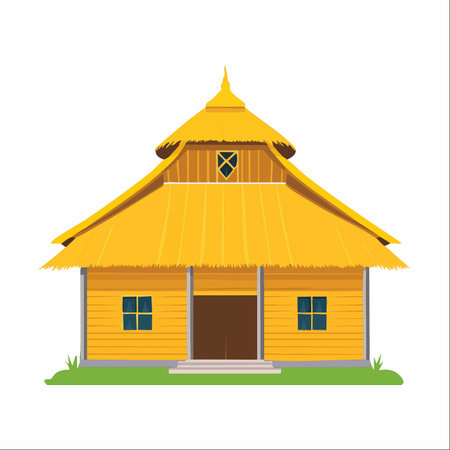 A charming vector illustration of a traditional wooden house with a distinctive thatched roof, isolated on a white background.のイラスト素材
