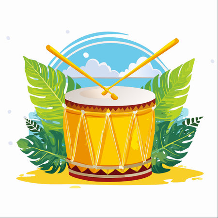 The vibrant beat of a tropical drum echoes across the sunny beach, surrounded by lush palm leaves.のイラスト素材