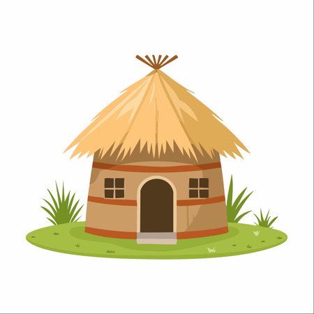 A charming illustration of a traditional round hut with a thatched roof, nestled on a patch of green grass.のイラスト素材