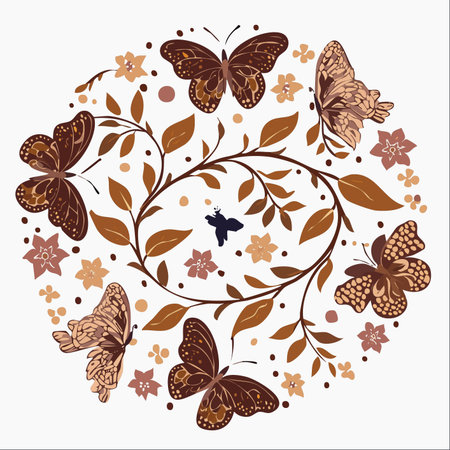 A delicate dance of butterflies flutters around a central, swirling vine, creating a harmonious circle of life.のイラスト素材