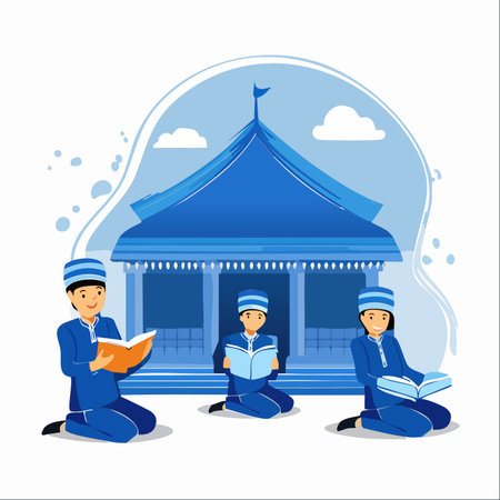 An illustration of three young Muslim children diligently reading and studying together in front of a beautiful blue mosque.のイラスト素材